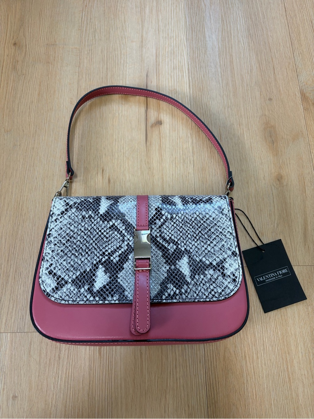 Valentino Fiore Pink Leather Shoulder Bag with Snake-Print Flap